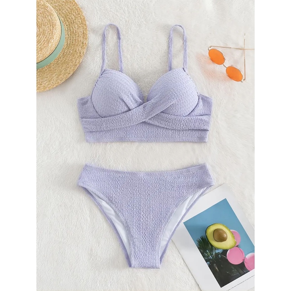 Lavender Winkle High Waist Textured Center Criss Bikini